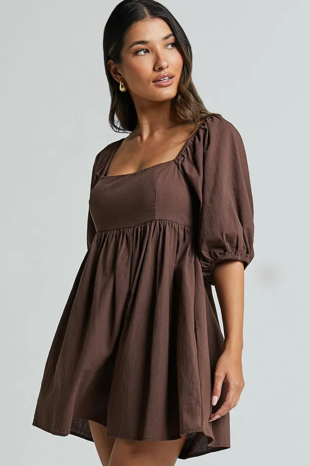 Chariti Playsuit 8211 Linen Look Puff Sleeve Relaxed Playsuit In Chocolate Women Showpo Rompers