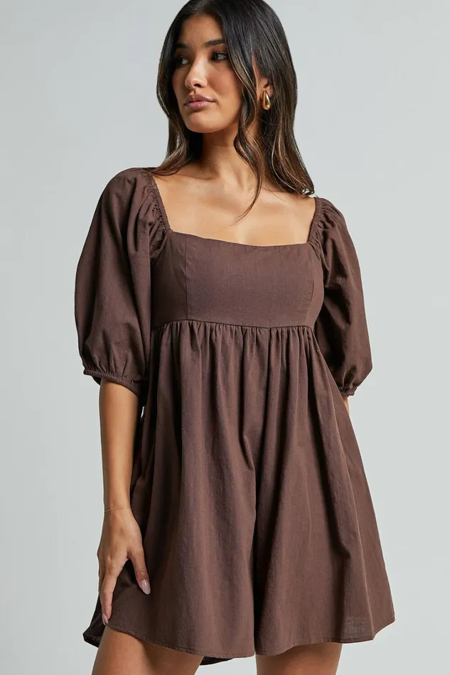 Chariti Playsuit 8211 Linen Look Puff Sleeve Relaxed Playsuit In Chocolate Women Showpo Rompers