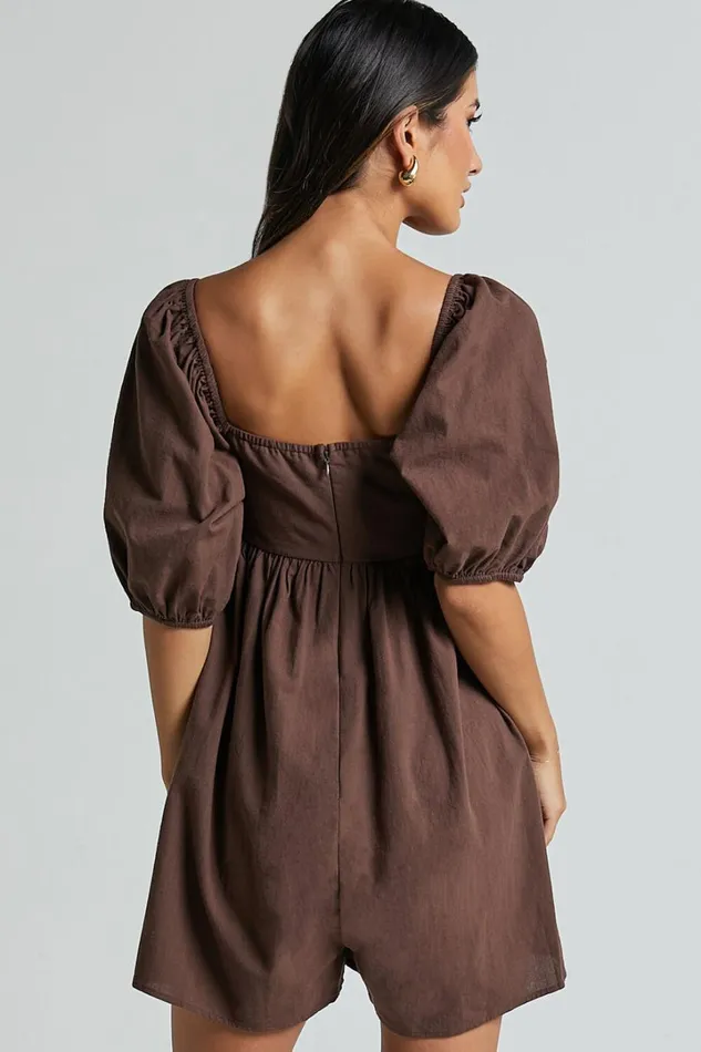 Chariti Playsuit 8211 Linen Look Puff Sleeve Relaxed Playsuit In Chocolate Women Showpo Rompers
