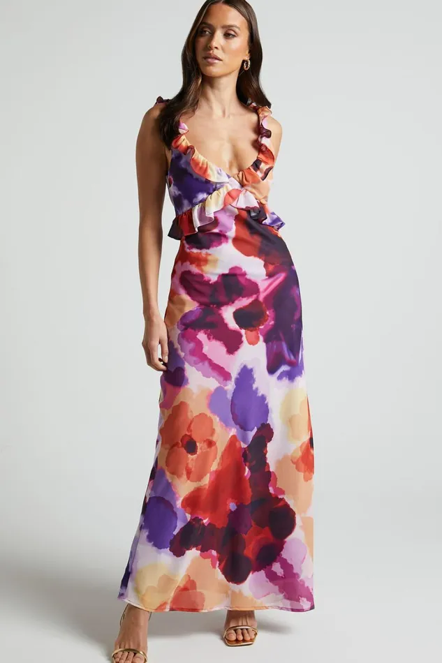 Charlie Midi Dress 8211 V Neck Low Back Frill Detail Dress In Watercolour Floral Women Showpo Dresses Charlie Midi Dress 8211 V Neck Low Back Frill Detail Dress In Watercolour Floral Women Showpo Dresses
