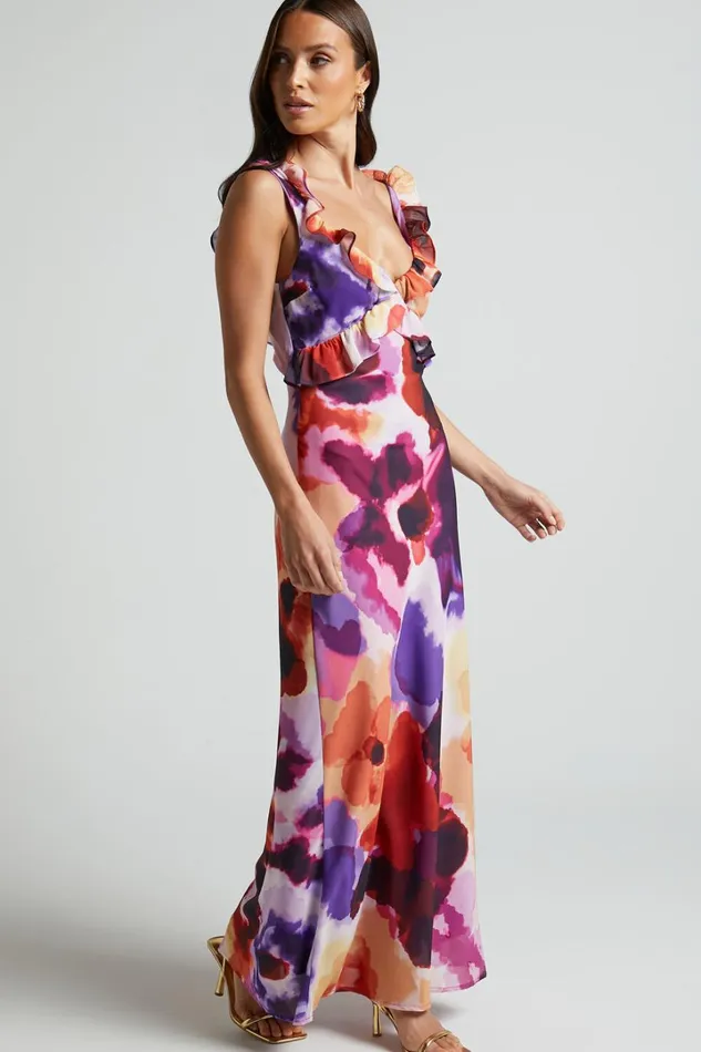 Charlie Midi Dress 8211 V Neck Low Back Frill Detail Dress In Watercolour Floral Women Showpo Dresses