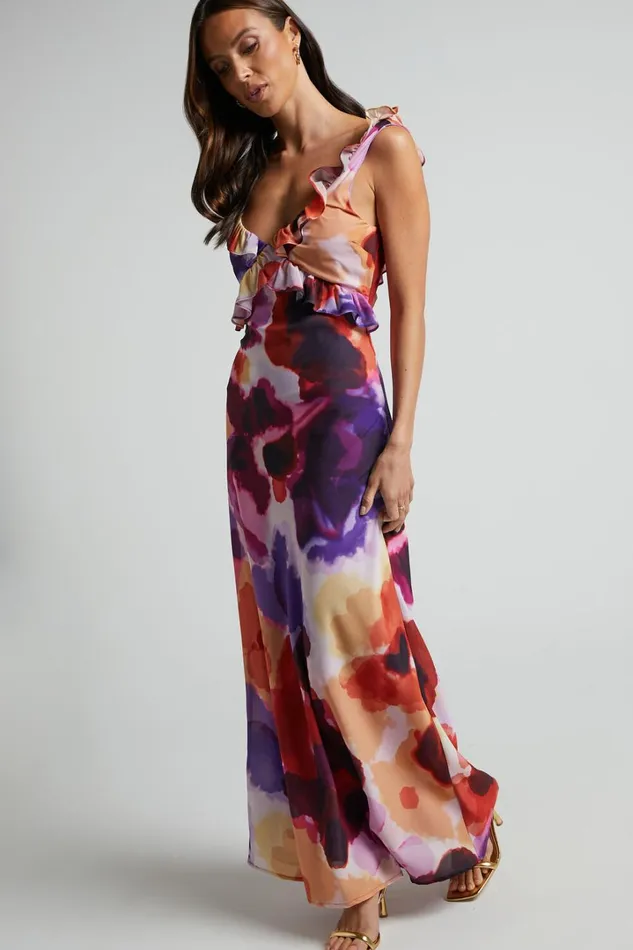 Charlie Midi Dress 8211 V Neck Low Back Frill Detail Dress In Watercolour Floral Women Showpo Dresses