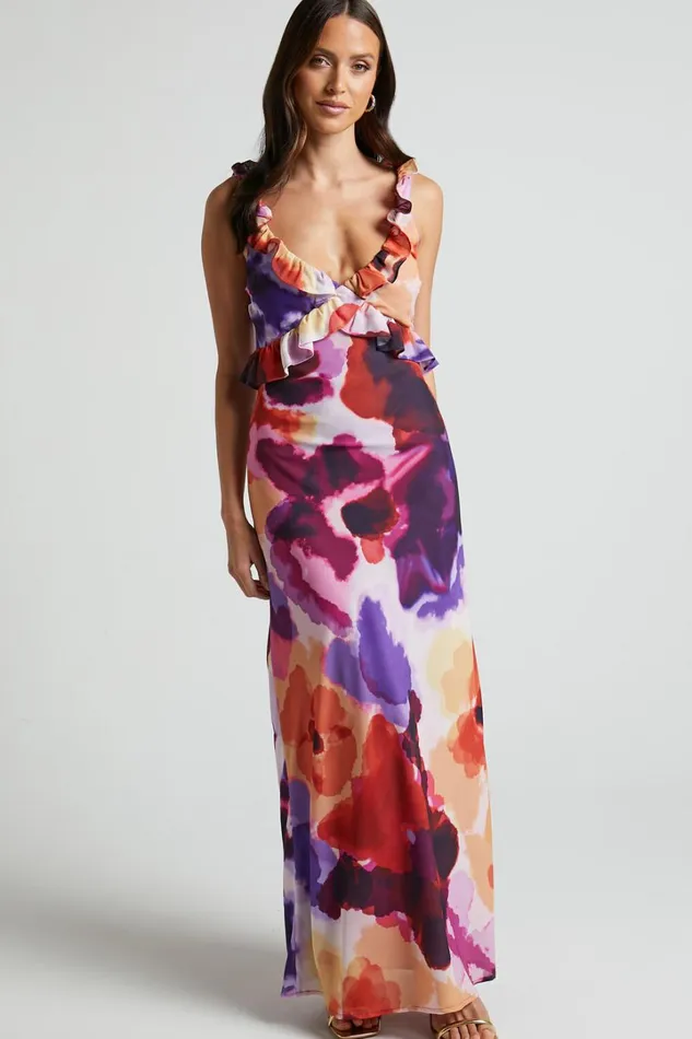 Charlie Midi Dress 8211 V Neck Low Back Frill Detail Dress In Watercolour Floral Women Showpo Dresses
