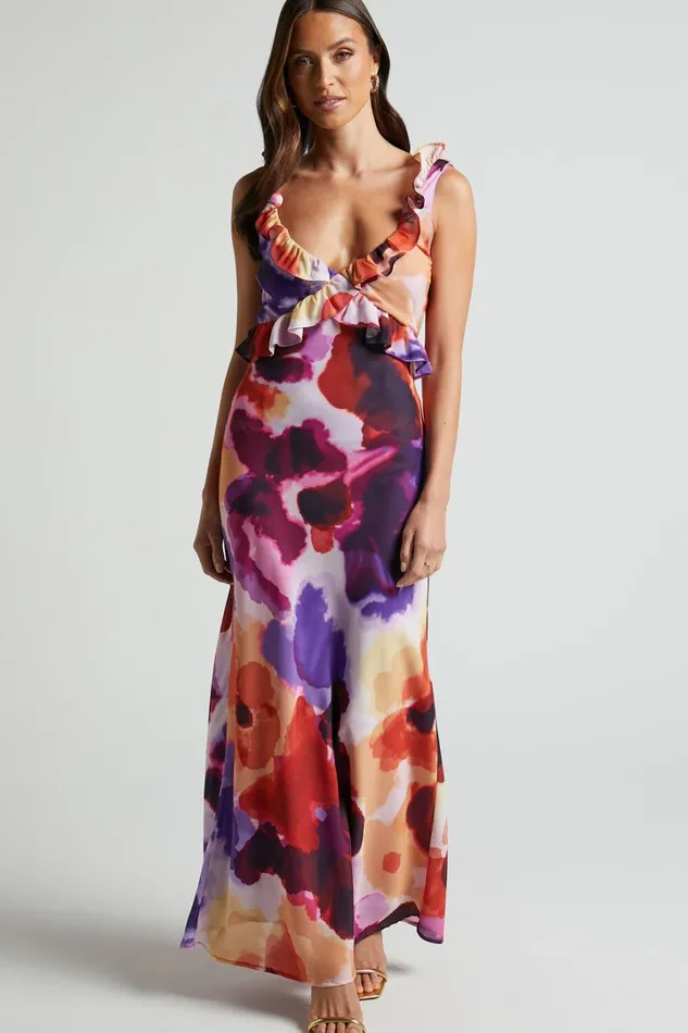Charlie Midi Dress 8211 V Neck Low Back Frill Detail Dress In Watercolour Floral Women Showpo Dresses