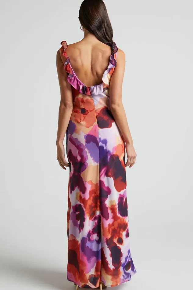 Charlie Midi Dress 8211 V Neck Low Back Frill Detail Dress In Watercolour Floral Women Showpo Dresses
