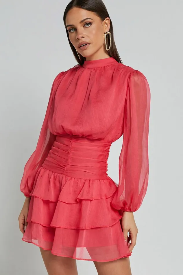 Charlize Mini Dress 8211 High Neck Long Sleeve Layered Dress In Coral Women Showpo Dresses