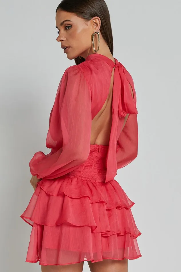 Charlize Mini Dress 8211 High Neck Long Sleeve Layered Dress In Coral Women Showpo Dresses