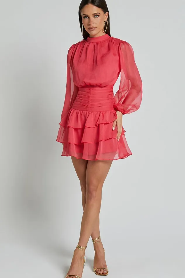 Charlize Mini Dress 8211 High Neck Long Sleeve Layered Dress In Coral Women Showpo Dresses