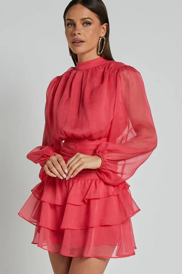 Charlize Mini Dress 8211 High Neck Long Sleeve Layered Dress In Coral Women Showpo Dresses