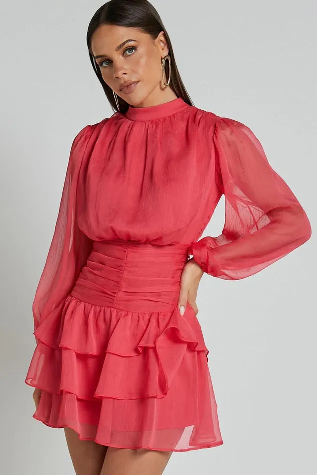 Charlize Mini Dress 8211 High Neck Long Sleeve Layered Dress In Coral Women Showpo Dresses