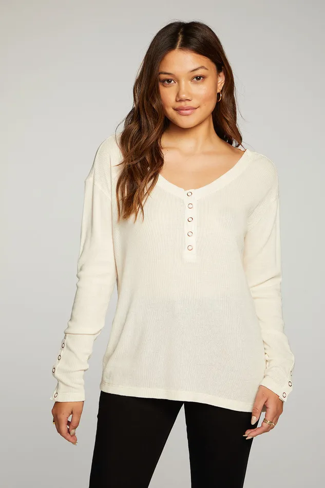 Chaser Brand Heritage Waffle Long Sleeve Scoop Neck Henley With Snaps Womens Tops