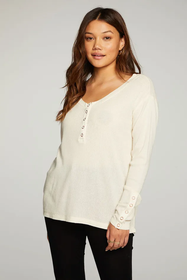 Chaser Brand Heritage Waffle Long Sleeve Scoop Neck Henley With Snaps Womens Tops