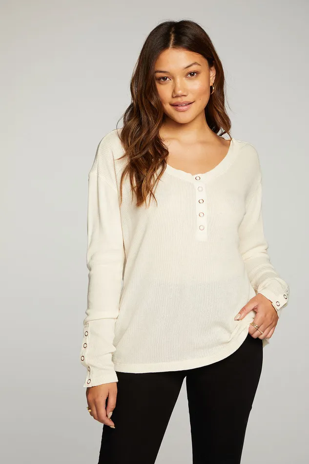 Chaser Brand Heritage Waffle Long Sleeve Scoop Neck Henley With Snaps Womens Tops