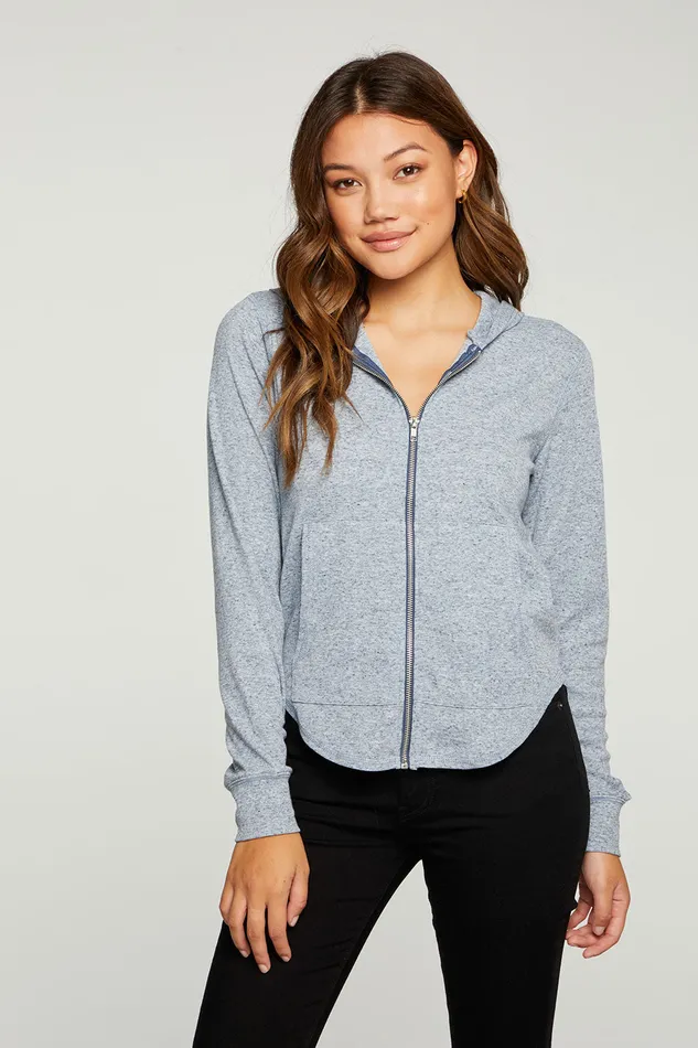 Chaser Brand Linen Rib Long Sleeve Shirttail Zip Up Hoodie Womens Outerwear