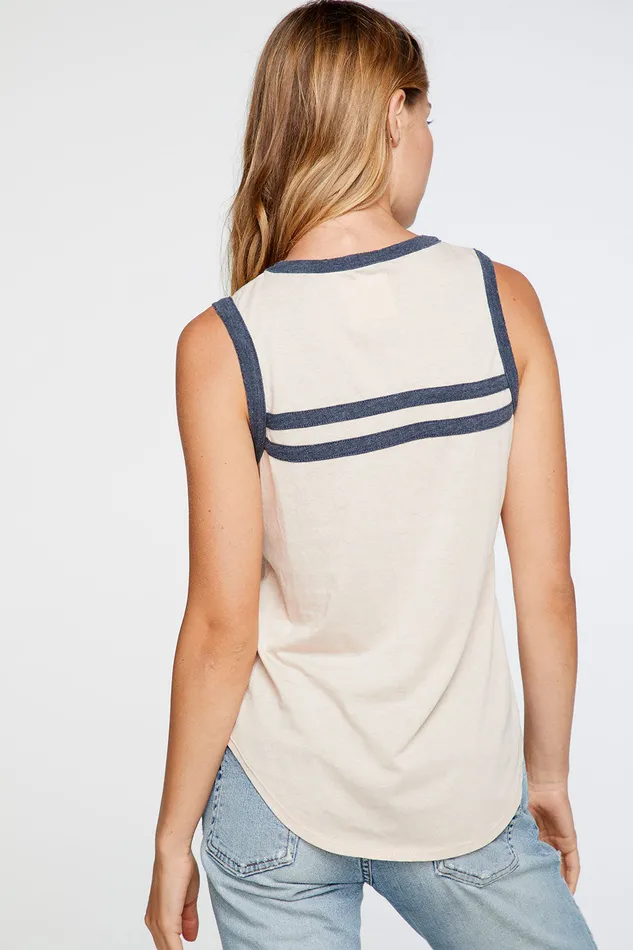 Chaser Brand Loungewear Womens Muscle Tee in Glowing Tan with Dark Blue Strappings
