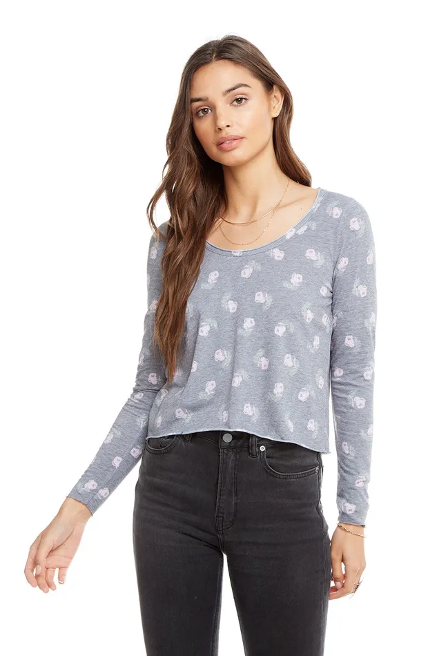 Chaser Brand Loungewear Womens Vintage Jersey Long Sleeve Scoop Neck Crop Tee