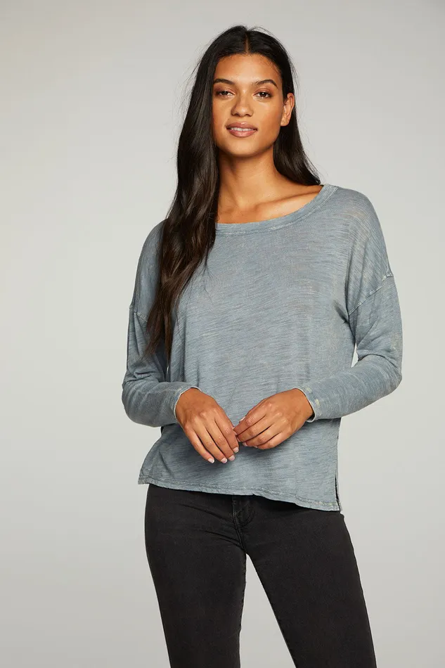Chaser Brand Slub Jersey Long Sleeve Slit Side Boxy Tee Womens Loungewear