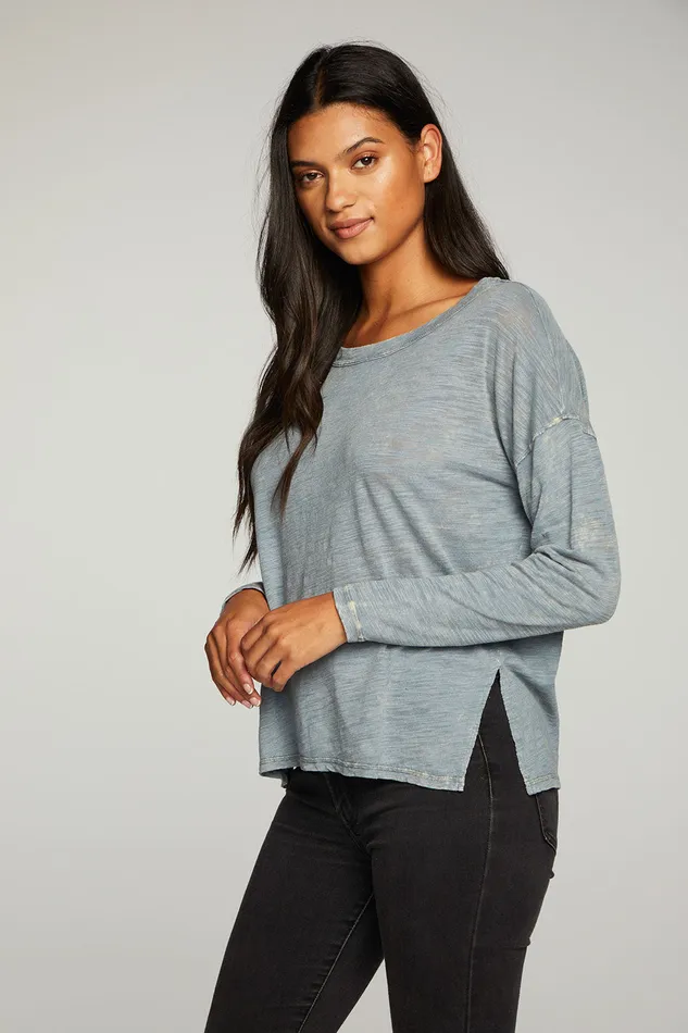 Chaser Brand Slub Jersey Long Sleeve Slit Side Boxy Tee Womens Loungewear