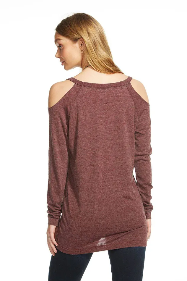 Chaser Brand TRIBLEND JERSEY COLD SHOULDER LS V NECK RAGLAN TEE Womens Loungewear