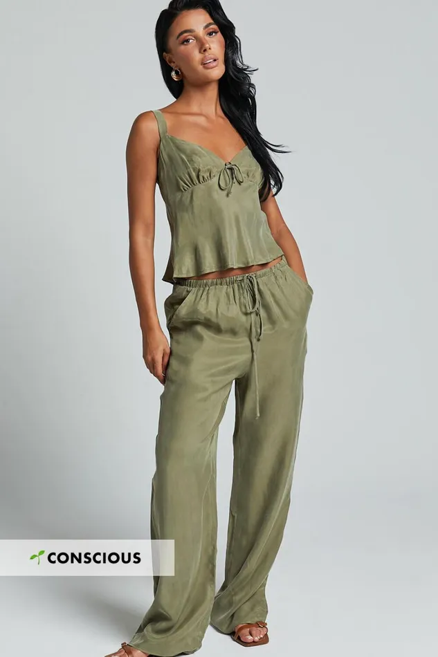 Chaya Pants 8211 Cupro Mid Rise Relaxed Drawstring Pants In Moss Women Showpo Swimwear
