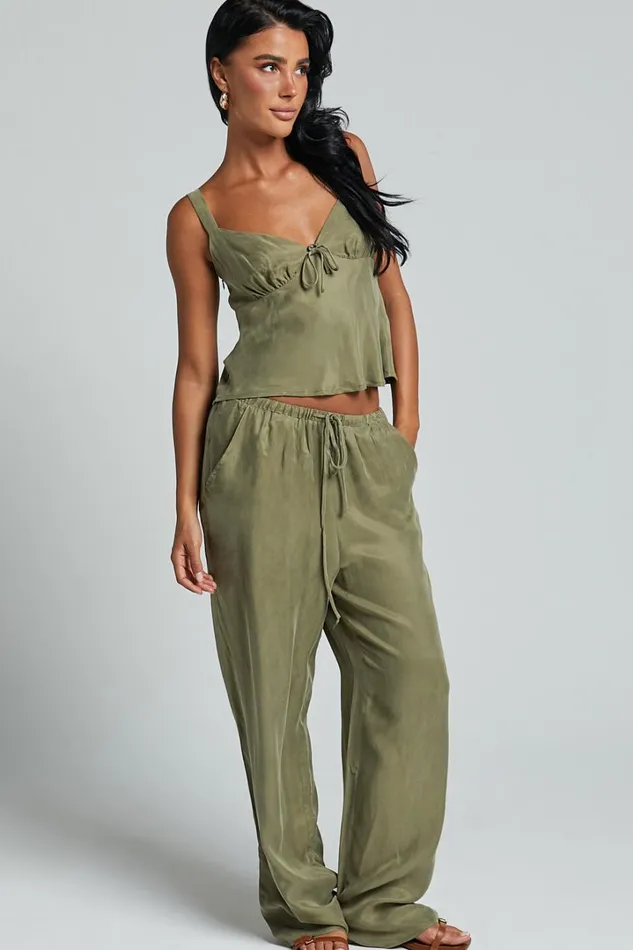 Chaya Pants 8211 Cupro Mid Rise Relaxed Drawstring Pants In Moss Women Showpo Swimwear