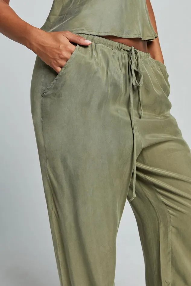 Chaya Pants 8211 Cupro Mid Rise Relaxed Drawstring Pants In Moss Women Showpo Swimwear