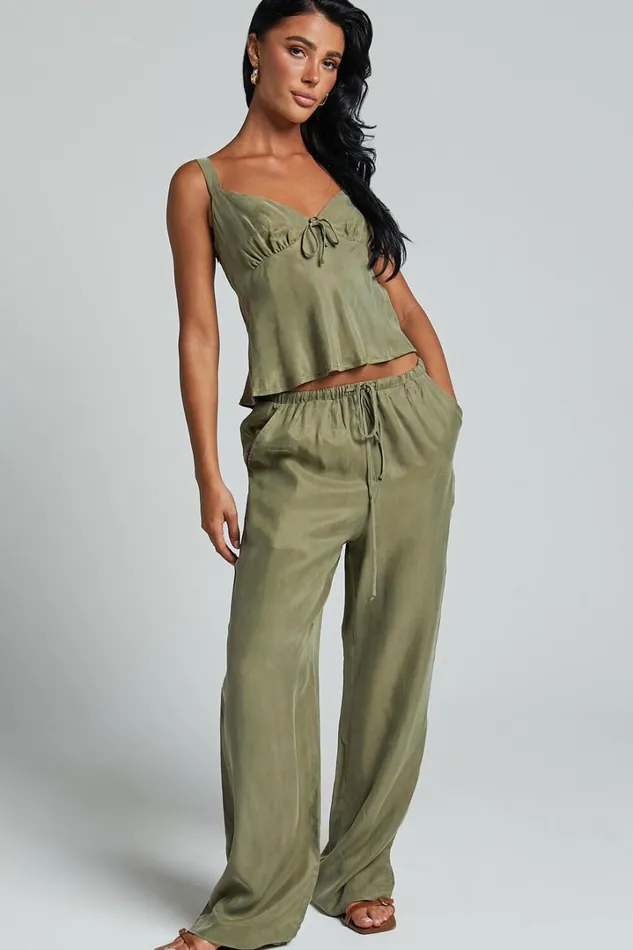 Chaya Pants 8211 Cupro Mid Rise Relaxed Drawstring Pants In Moss Women Showpo Swimwear