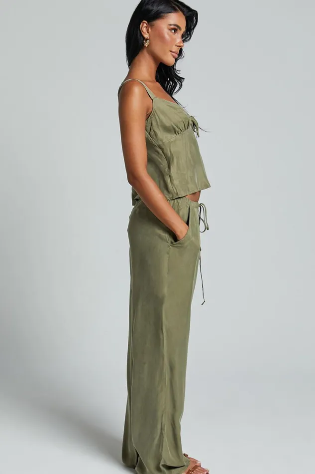 Chaya Pants 8211 Cupro Mid Rise Relaxed Drawstring Pants In Moss Women Showpo Swimwear