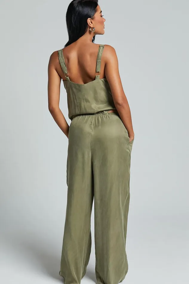 Chaya Pants 8211 Cupro Mid Rise Relaxed Drawstring Pants In Moss Women Showpo Swimwear
