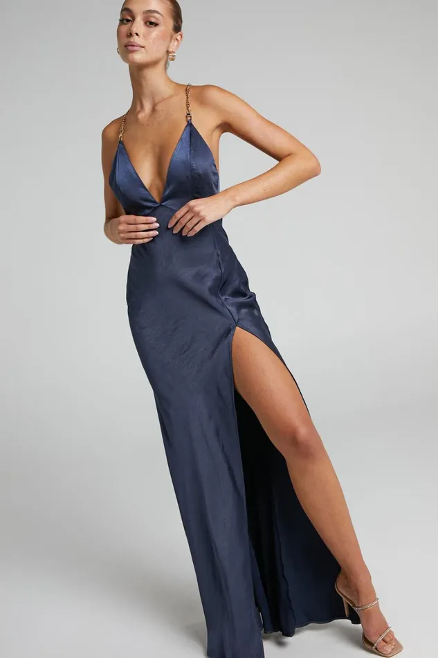 Cheche Maxi Dress 8211 Chain Strap Plunge Bias Cut Satin Dress In Navy Women Showpo Curve Clothes Cheche Maxi Dress 8211 Chain Strap Plunge Bias Cut Satin Dress In Navy Women Showpo Curve Clothes