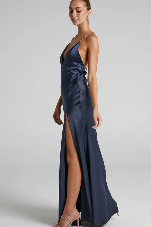 Cheche Maxi Dress 8211 Chain Strap Plunge Bias Cut Satin Dress In Navy Women Showpo Curve Clothes