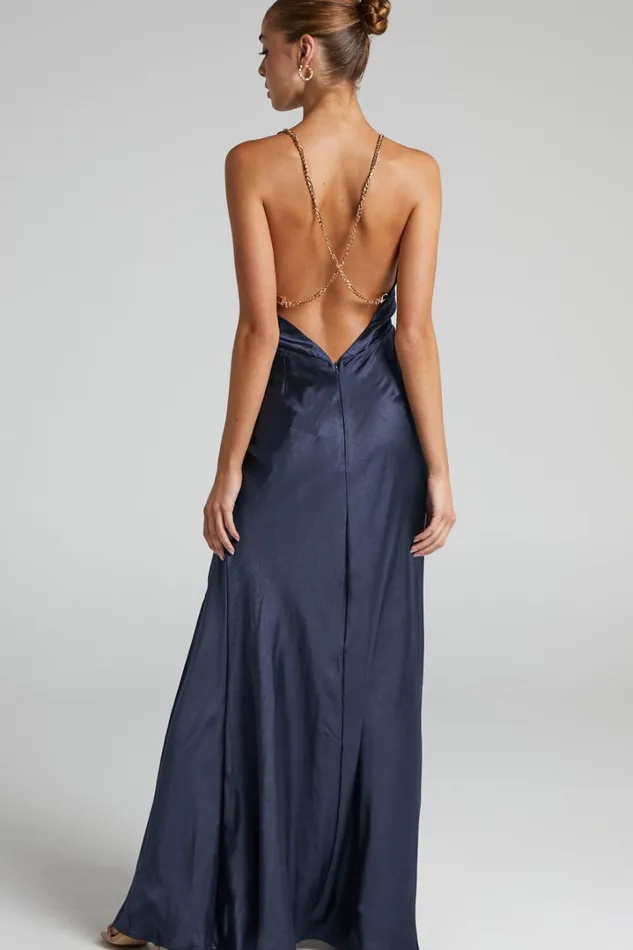 Cheche Maxi Dress 8211 Chain Strap Plunge Bias Cut Satin Dress In Navy Women Showpo Curve Clothes