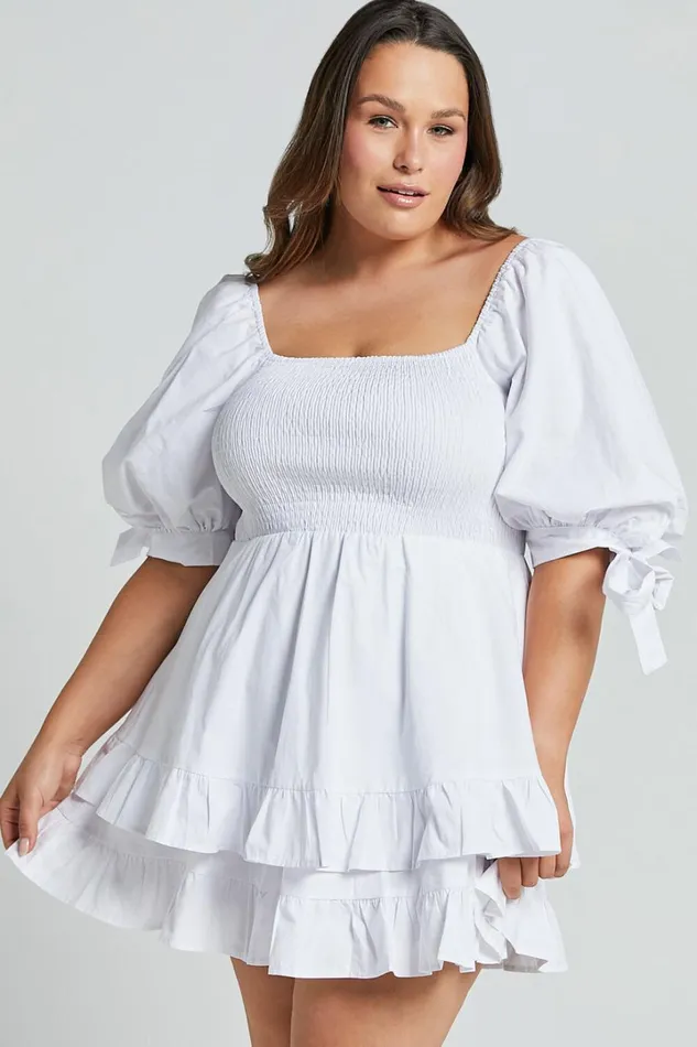 Chelle Mini Dress 8211 Shirred Short Tie Sleeve Dress In White Women Showpo Curve Clothes Chelle Mini Dress 8211 Shirred Short Tie Sleeve Dress In White Women Showpo Curve Clothes