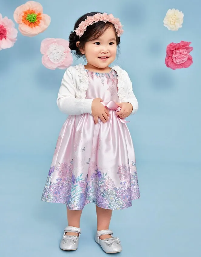 Children Baby Alium Satin Print Dress Pink Monsoon Partywear