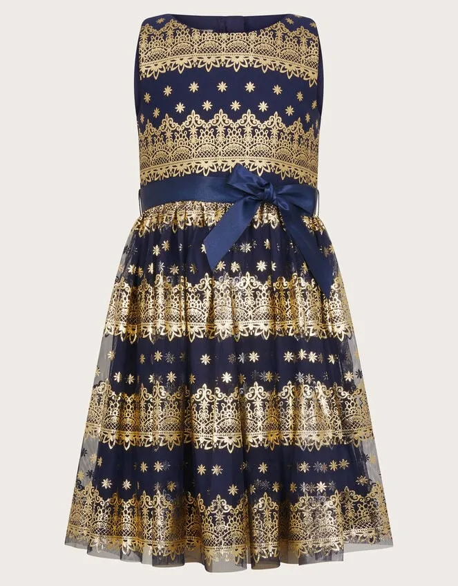 Children Flick Foil Print Scuba Dress Blue Monsoon Dresses