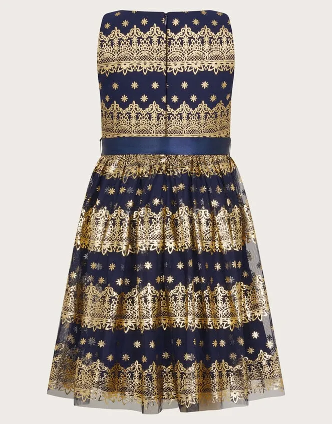 Children Flick Foil Print Scuba Dress Blue Monsoon Dresses