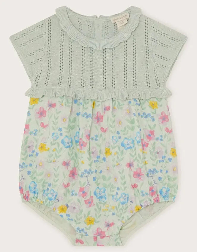 Children Newborn Knit Floral Bodysuit Blue Monsoon Outfits and Rompers