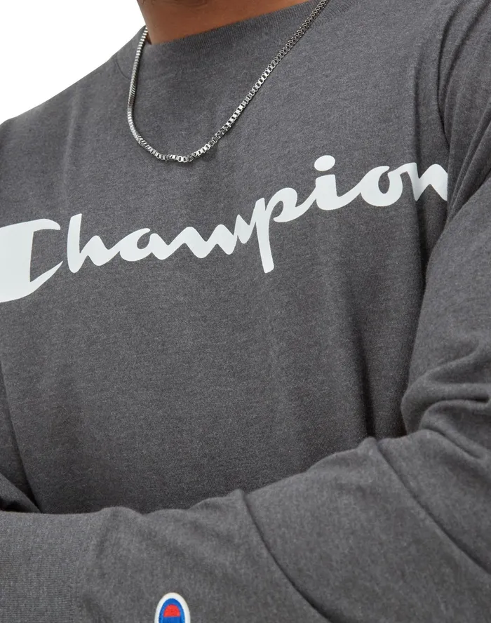 Classic Graphic LongSleeve TShirt Script Logo Big and Tall Granite Heather Men Champion TShirts and Tops