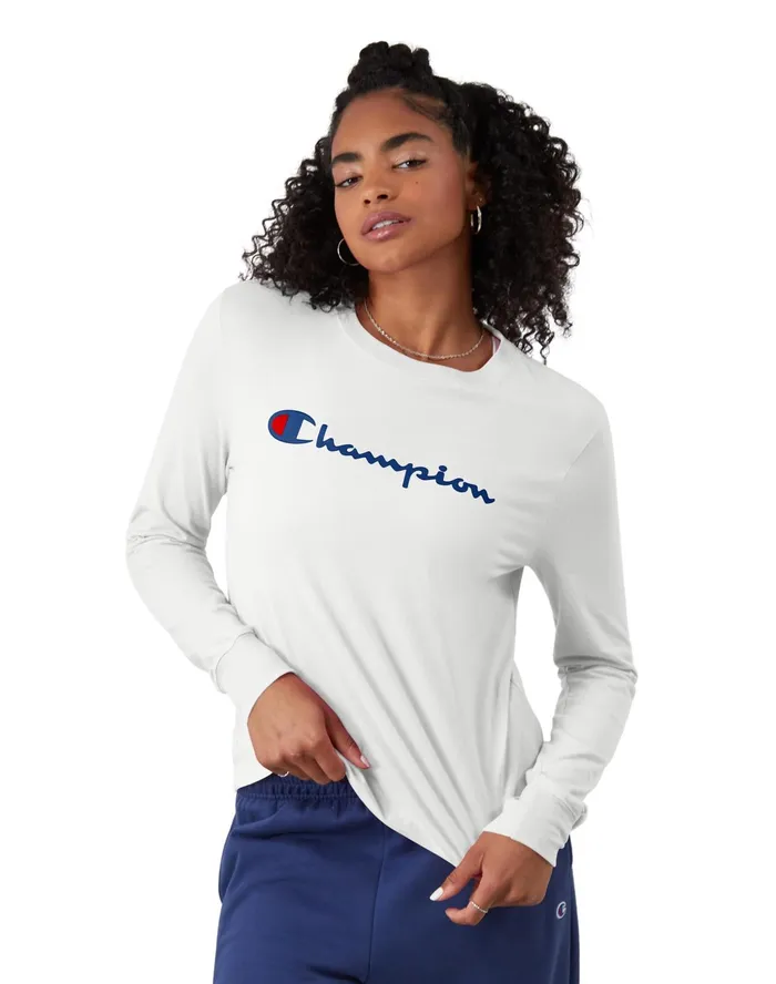 Classic LongSleeve TShirt Script Logo White Women Champion TShirts and Tops