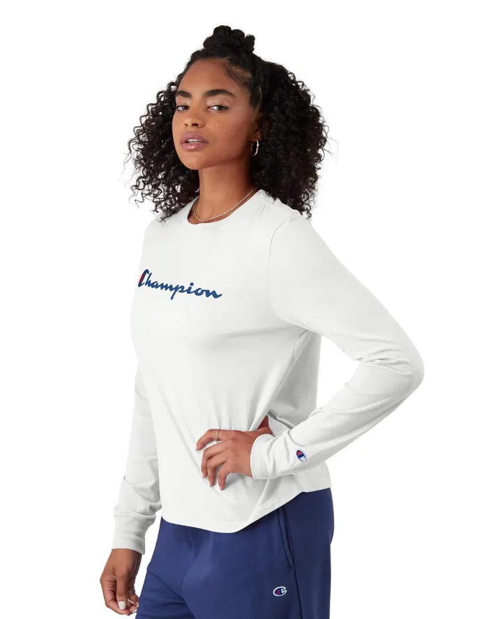 Classic LongSleeve TShirt Script Logo White Women Champion TShirts and Tops