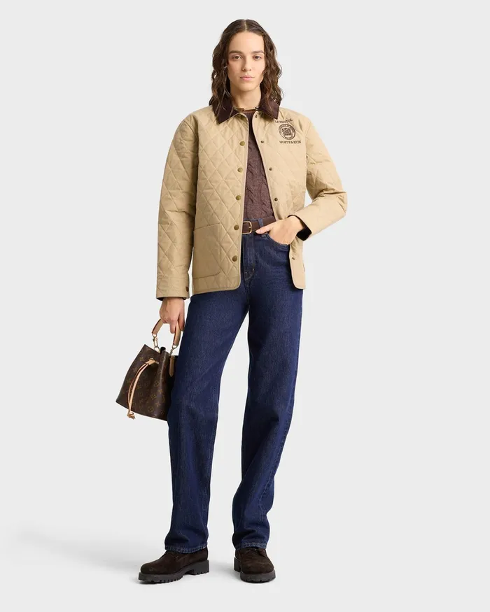 Coats Women Sporty and Rich Crest Seal 100th Quilted Jacket 8211 BeigeChocolate