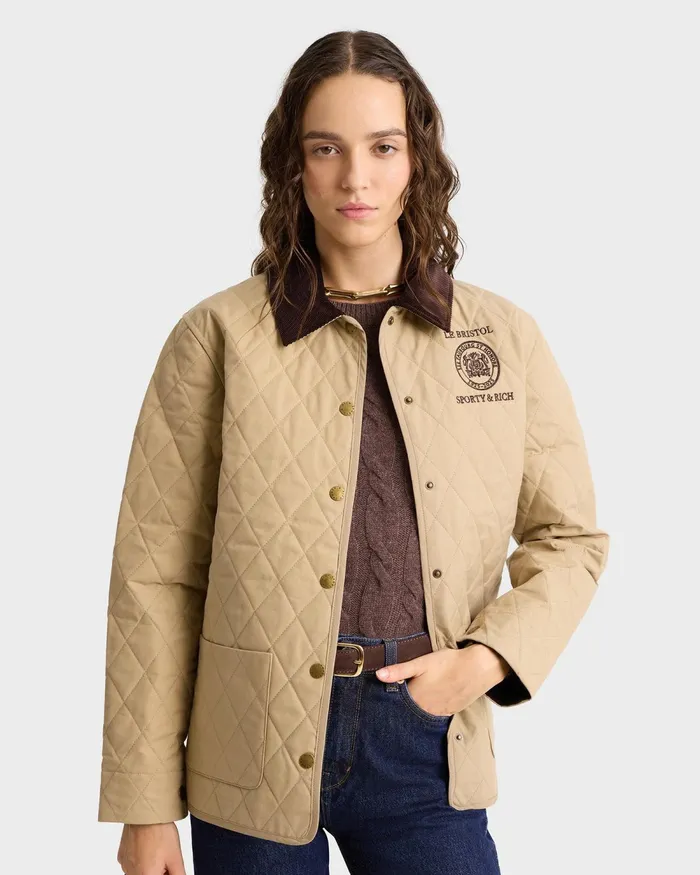 Coats Women Sporty and Rich Crest Seal 100th Quilted Jacket 8211 BeigeChocolate