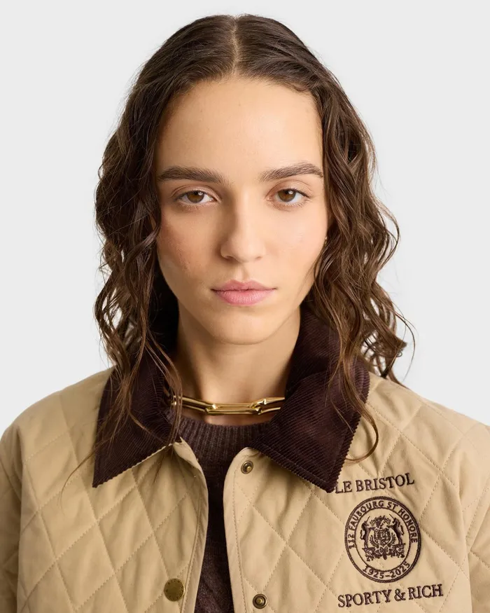 Coats Women Sporty and Rich Crest Seal 100th Quilted Jacket 8211 BeigeChocolate