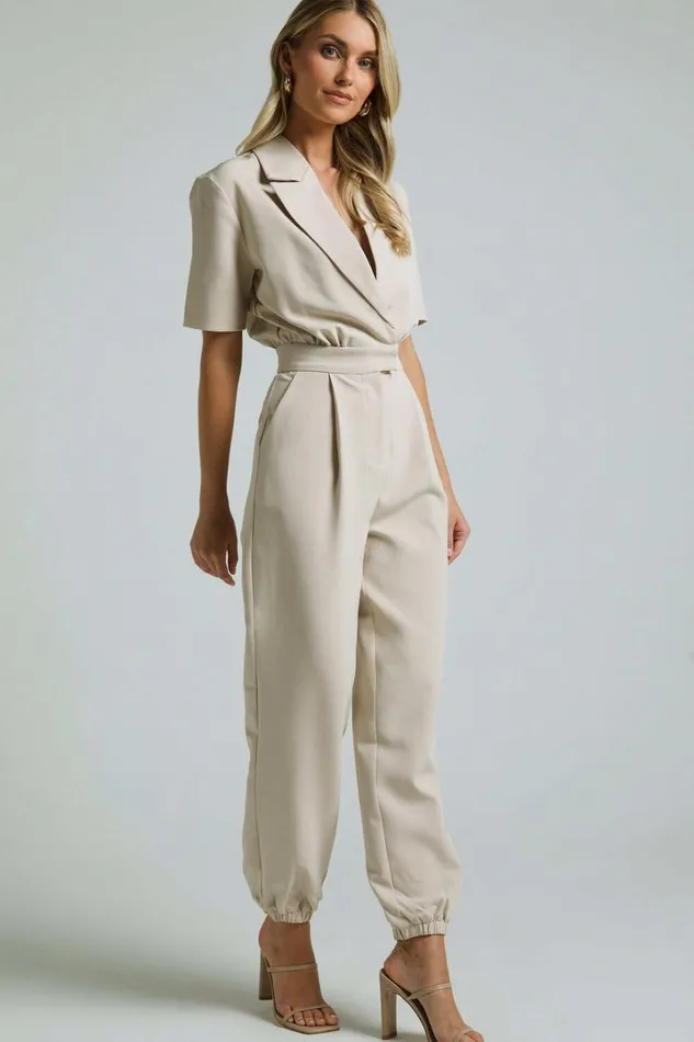Coco Jumpsuit 8211 Collared Short Sleeve Straight Leg Jumpsuit In Stone Women Showpo Jumpsuits
