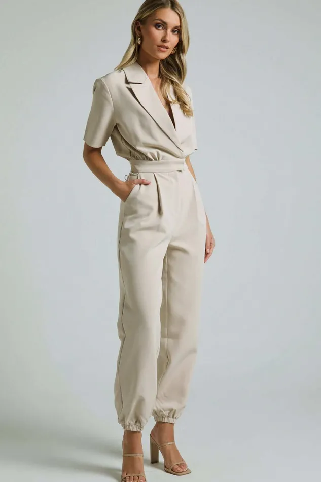 Coco Jumpsuit 8211 Collared Short Sleeve Straight Leg Jumpsuit In Stone Women Showpo Jumpsuits