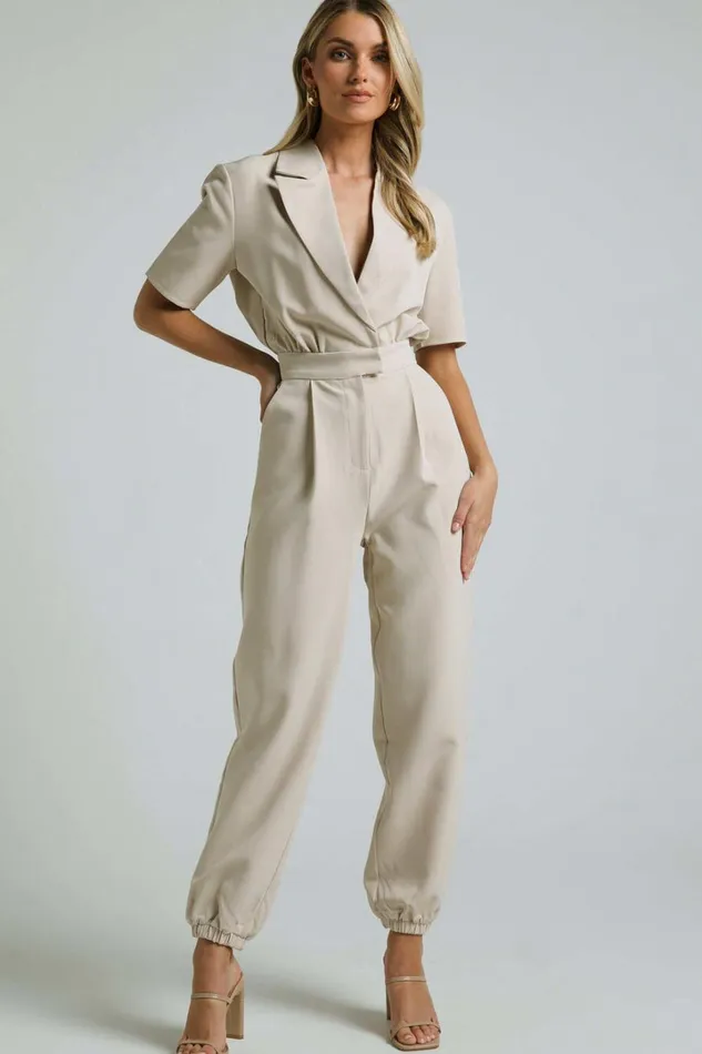 Coco Jumpsuit 8211 Collared Short Sleeve Straight Leg Jumpsuit In Stone Women Showpo Jumpsuits