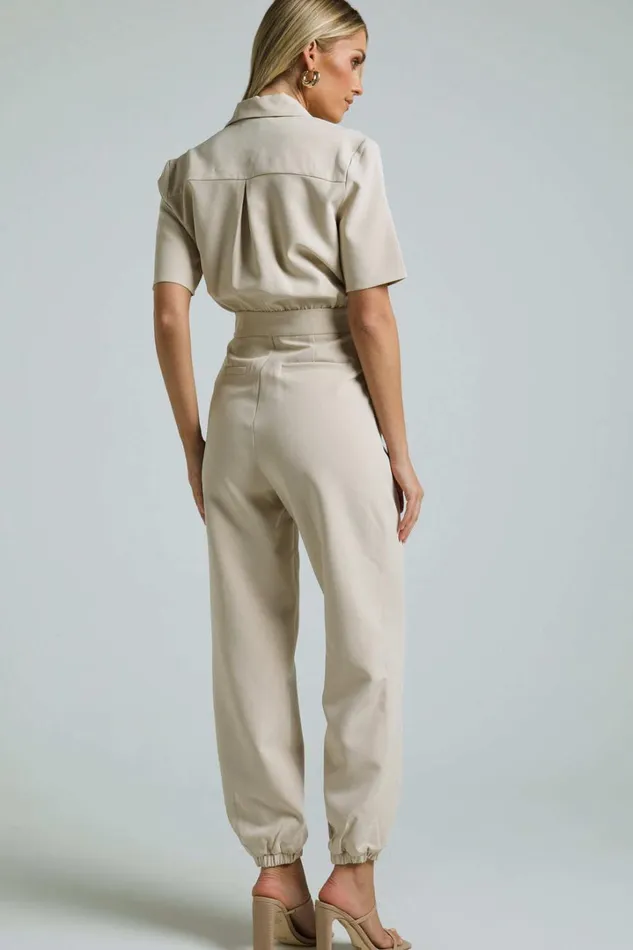 Coco Jumpsuit 8211 Collared Short Sleeve Straight Leg Jumpsuit In Stone Women Showpo Jumpsuits