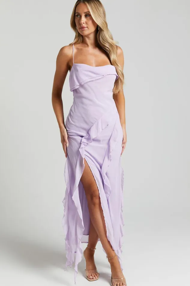 Connie Midi Dress Ruffle Detail Dress In Lilac Women Showpo Dresses
