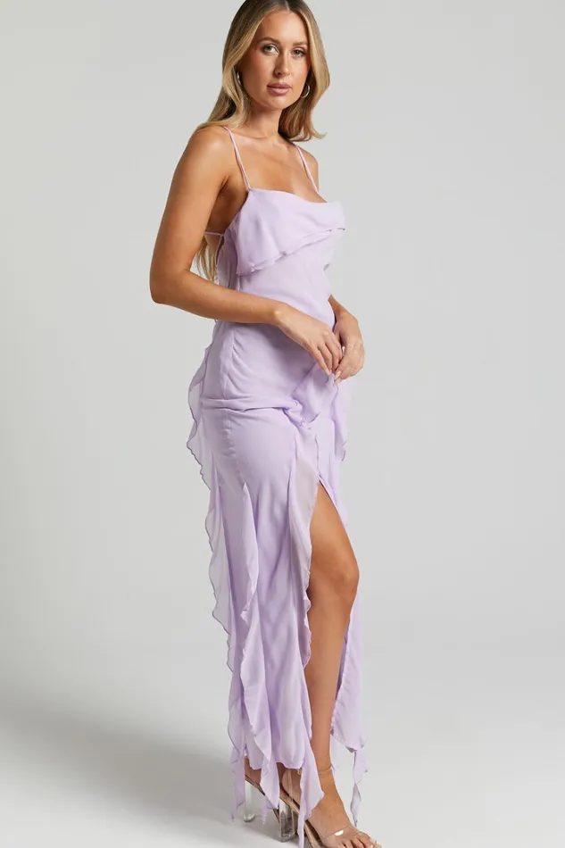 Connie Midi Dress Ruffle Detail Dress In Lilac Women Showpo Dresses
