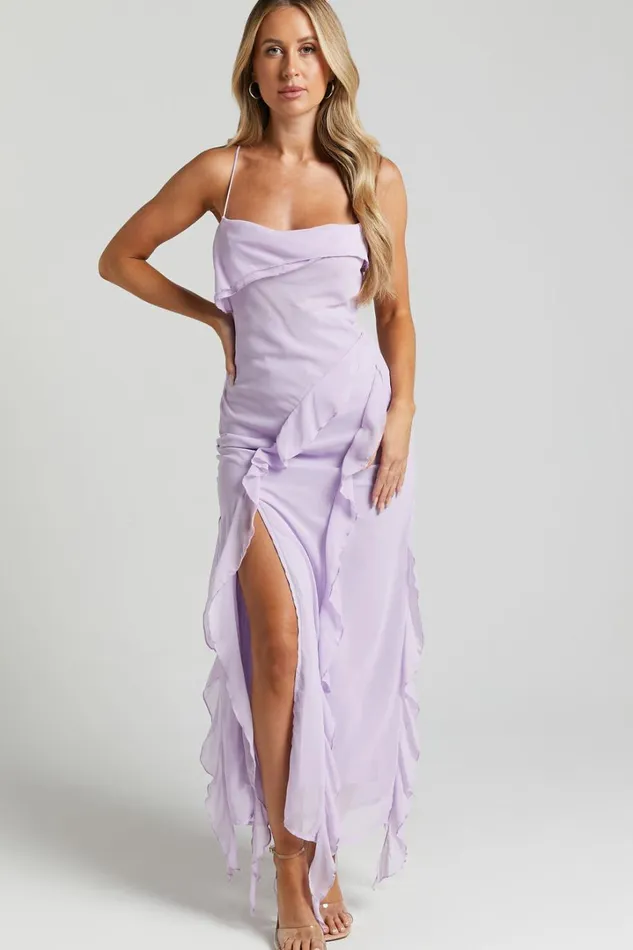 Connie Midi Dress Ruffle Detail Dress In Lilac Women Showpo Dresses